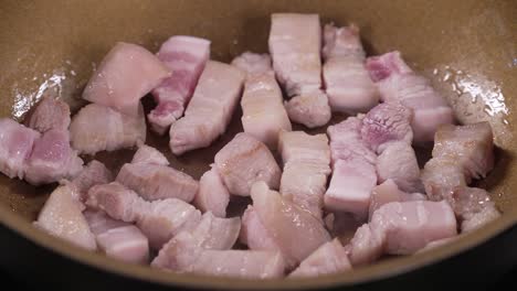 Raw-Pink-Pork-Belly-Fried-in-Pan,-Sliced-Three-Layer-Pork,-Cholesterol-Saturated-Fat-Unhealthy-Diet-Health-Risks,-Pork-Price