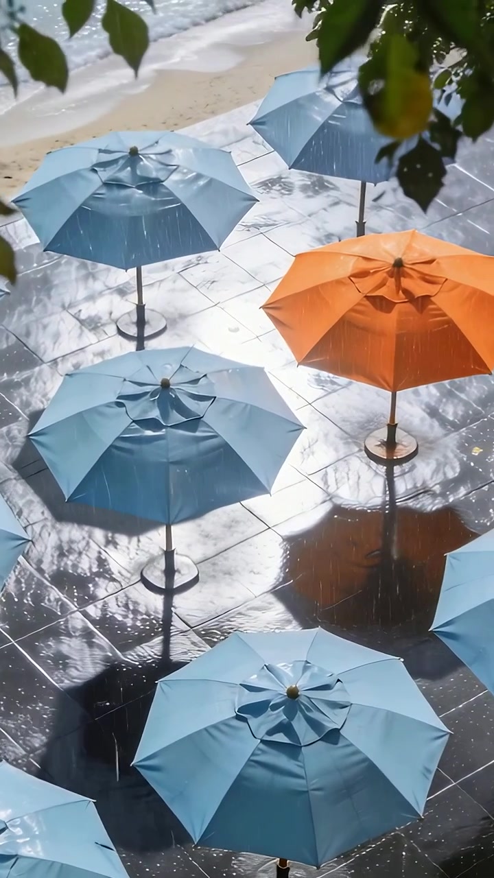 Video verticale: Piove su ombrelloni blu con uno arancione, creando riflessi sulla riva.