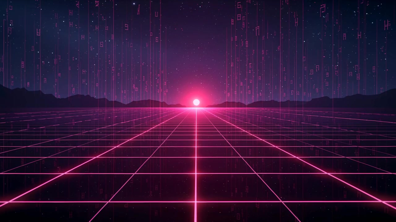 Riproduzione avviata, sfera magenta pulsante e griglia che si illumina all'orizzonte mentre i glifi cadono, in loop