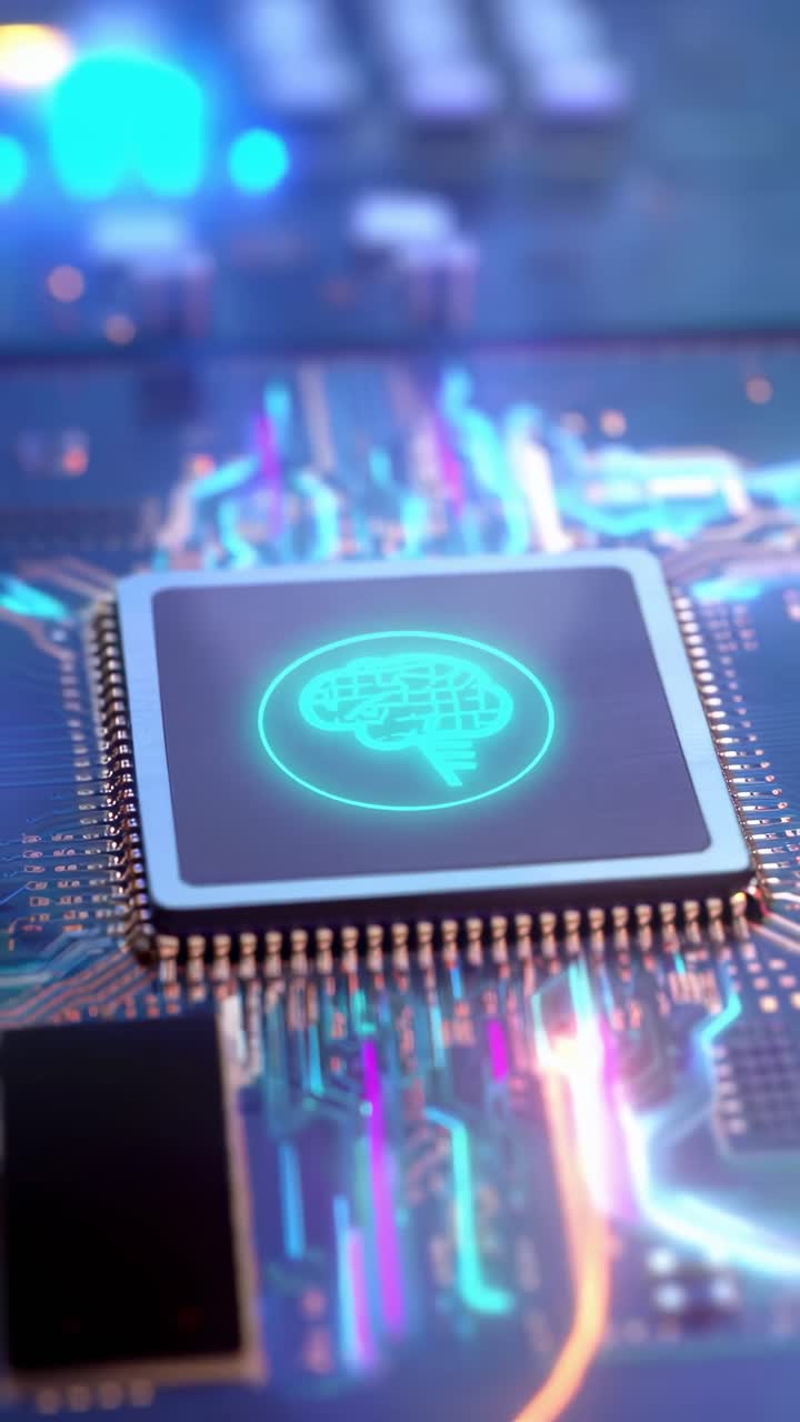 Close-up video of a glowing AI chip on a circuit board, captured from a ...