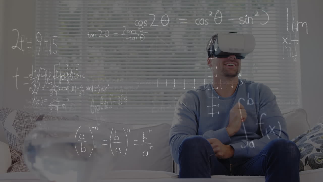 Animation of mathematical drawings and equations over man wearing vr headset