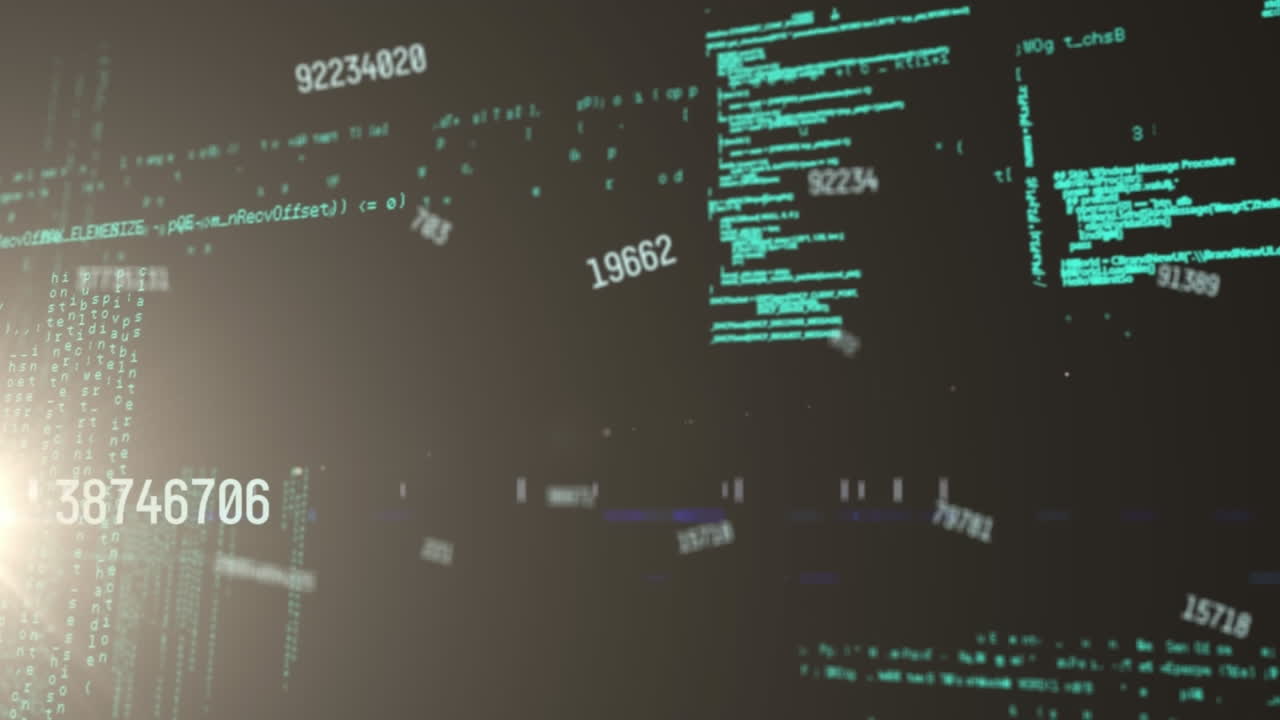 Animation of numbers and data processing over dark background
