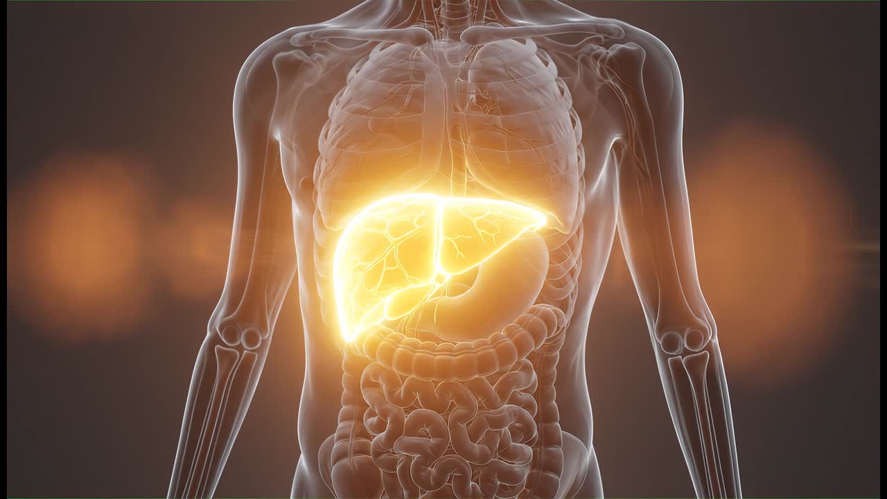 Detailed digestive system with illuminated liver stomach and intestines inside semi transparent human body anatomy