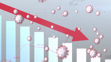 multiple covid-19 cells floating against statistical data processing on grey background