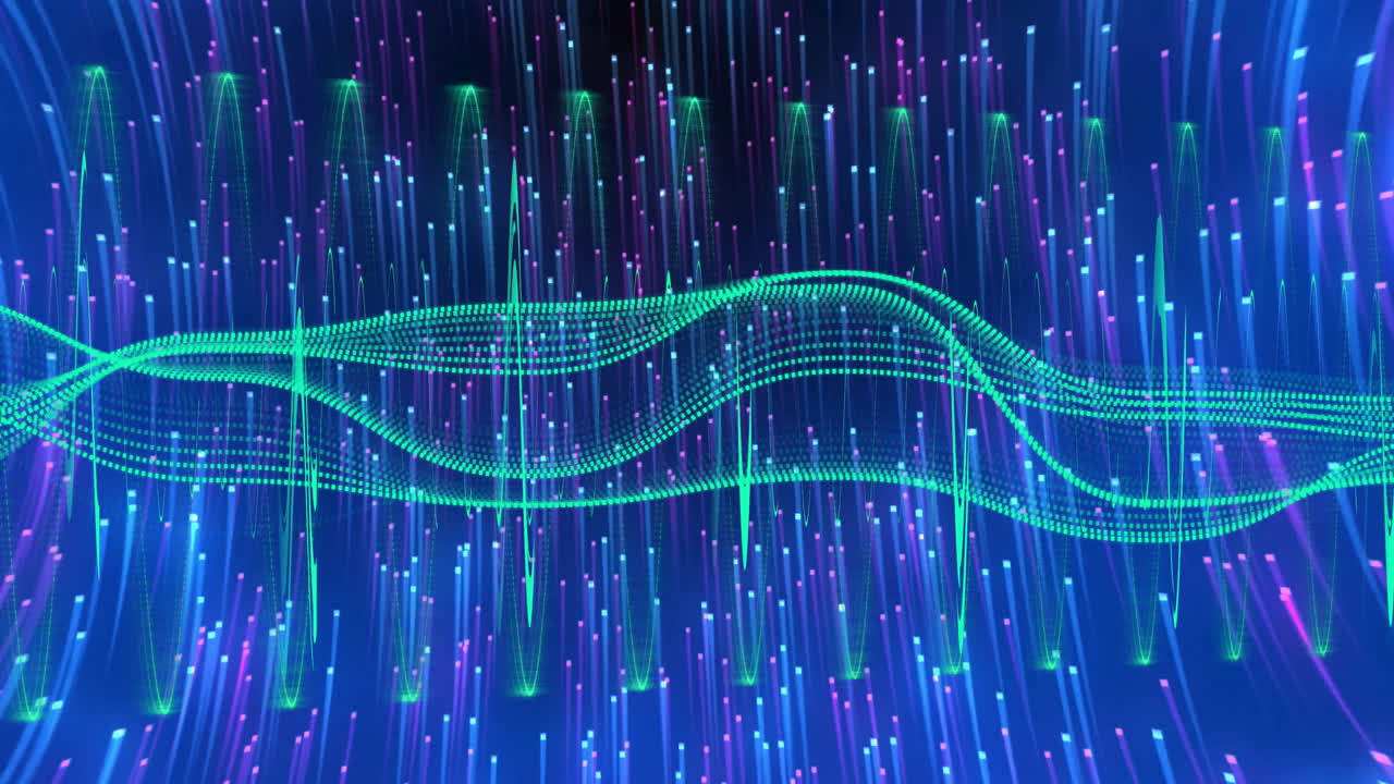 수직 파란색과 보라색 빛 줄무 위에 흐르는 녹색 파동 애니메이션