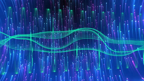 flowing green wave animation over vertical blue and purple light streaks