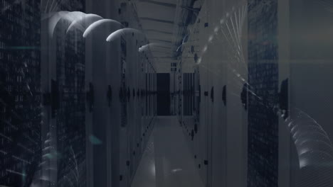 digital data processing animation overlaying rows of servers in data center