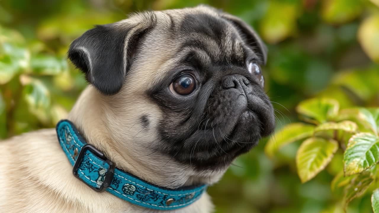 豊かな緑の中にいる、表情豊かな瞳を持つ愛らしいパグ。この愛される犬種のユニークな特徴と遊び心のある性質を捉えたクローズアップポートレート。