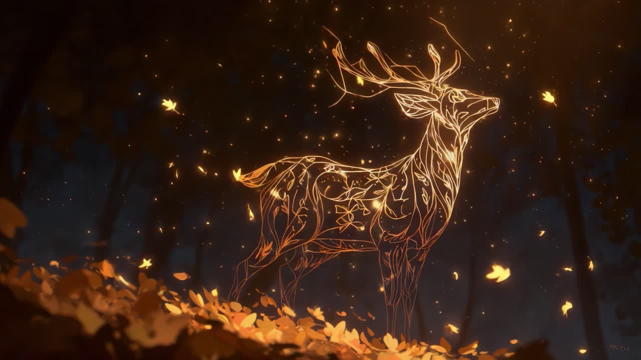 A Majestic Electric Deer Illuminated by Dance of Autumn Leaves Amidst a Mystical Forest, Capturing Nature's Serenity and Enchantment in a Glimmering Evening Setting