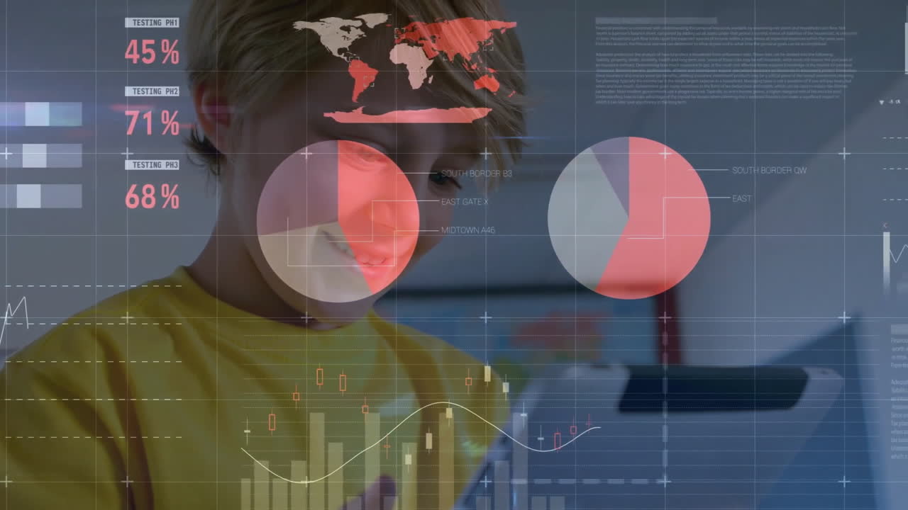 Animation of multicolored infographic interface over caucasian boy using digital tablet