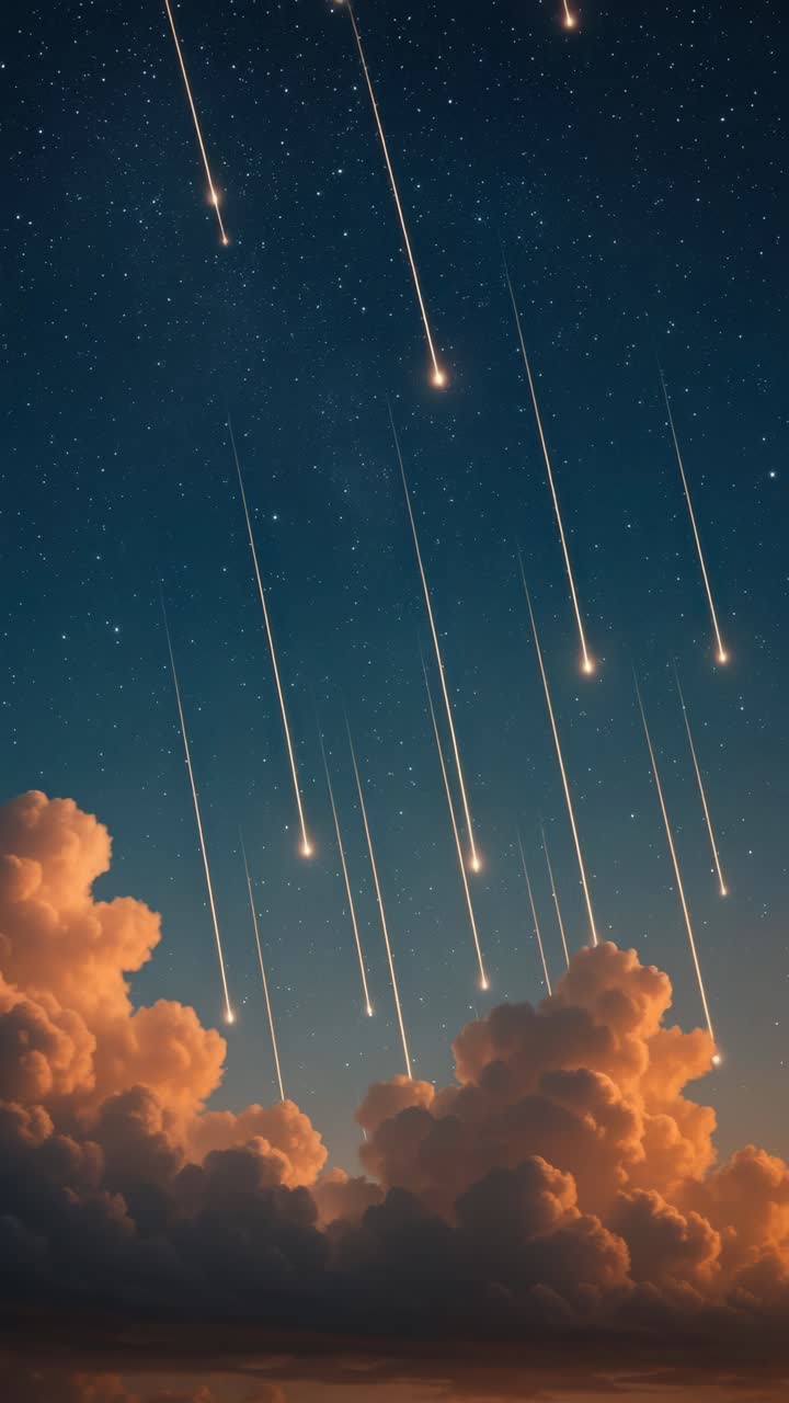 Un video affascinante del cielo notturno con una vista dal basso di stelle cadenti che sfrecciano sopra illuminate