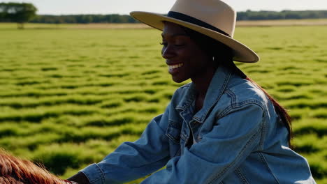 happy woman horseback riding in a sunny field