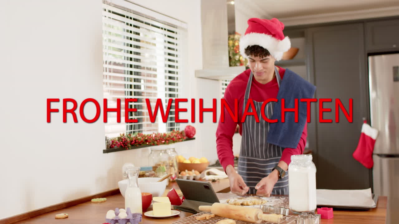 Animation of frohe wihnachten text over caucasian man baking at christmas