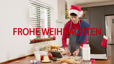 Animation-Des-Textes-„Frohe-Weihnachten“-über-Einem-Kaukasischen-Mann,-Der-Zu-Weihnachten-Backt