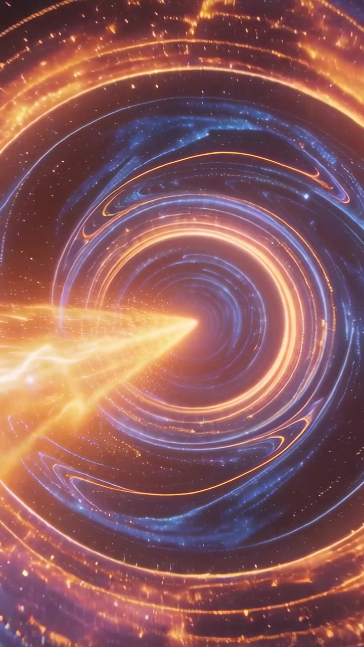 Video verticale: Un raggio arancione che entra e attraversa anelli e nebulose in un tunnel cosmico, generando un viaggio.