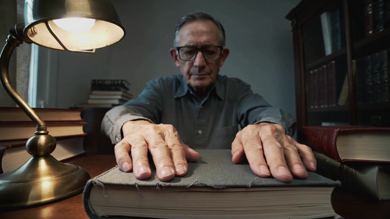 Inclinado para a frente, um idoso de camisa e óculos alisando um livro e se debruçando sobre a mesa, com uma luminária de latão.