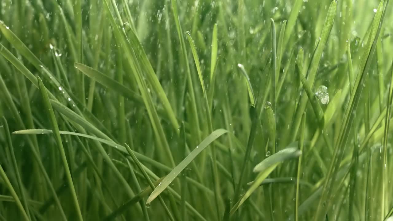 녹색 잔디 클로즈업  ⁇ 방울이 잔디에 천천히 떨어집니다.