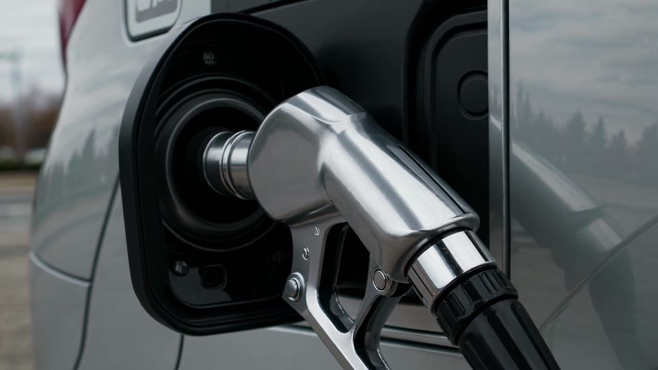 Sudut video close-up dari port pengisian daya mobil listrik dengan steker modern yang ramping dimasukkan