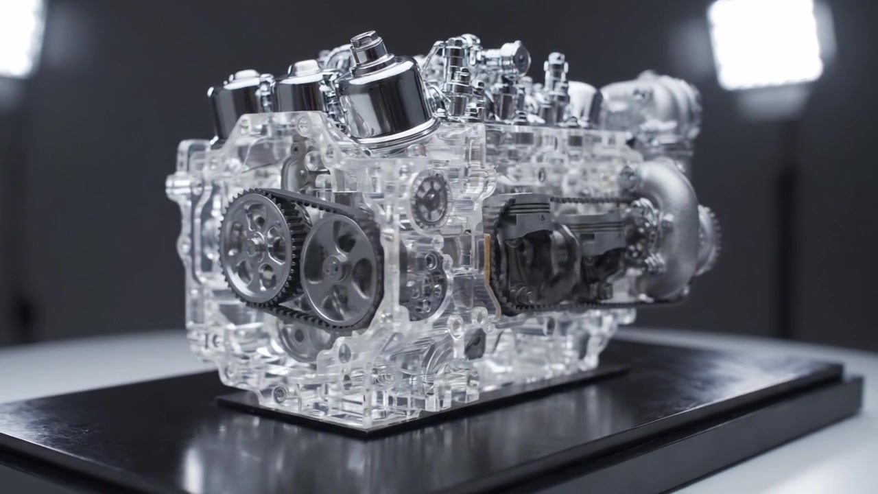 An Intricate Transparent Engine Model Showcasing Detailed Components and Mechanisms in a Sophisticated Design Highlighted Under Bright Lighting