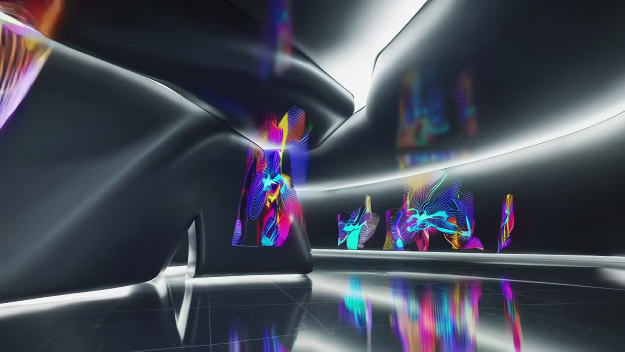 Dynamic Abstract Art in a Futuristic Minimalist Gallery