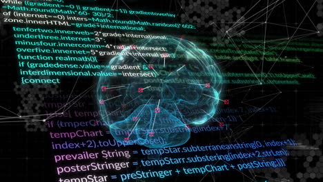 animation of human brain and data processing over dark background