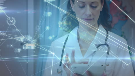 animation of connections over caucasian female doctor using tablet in hospital