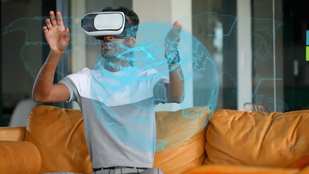 Animation of rotating globe and data, over man in vr headset gesturing in virtual interface