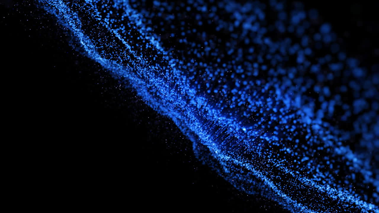 Animation of pink light trails over undulating glowing blue network on black background