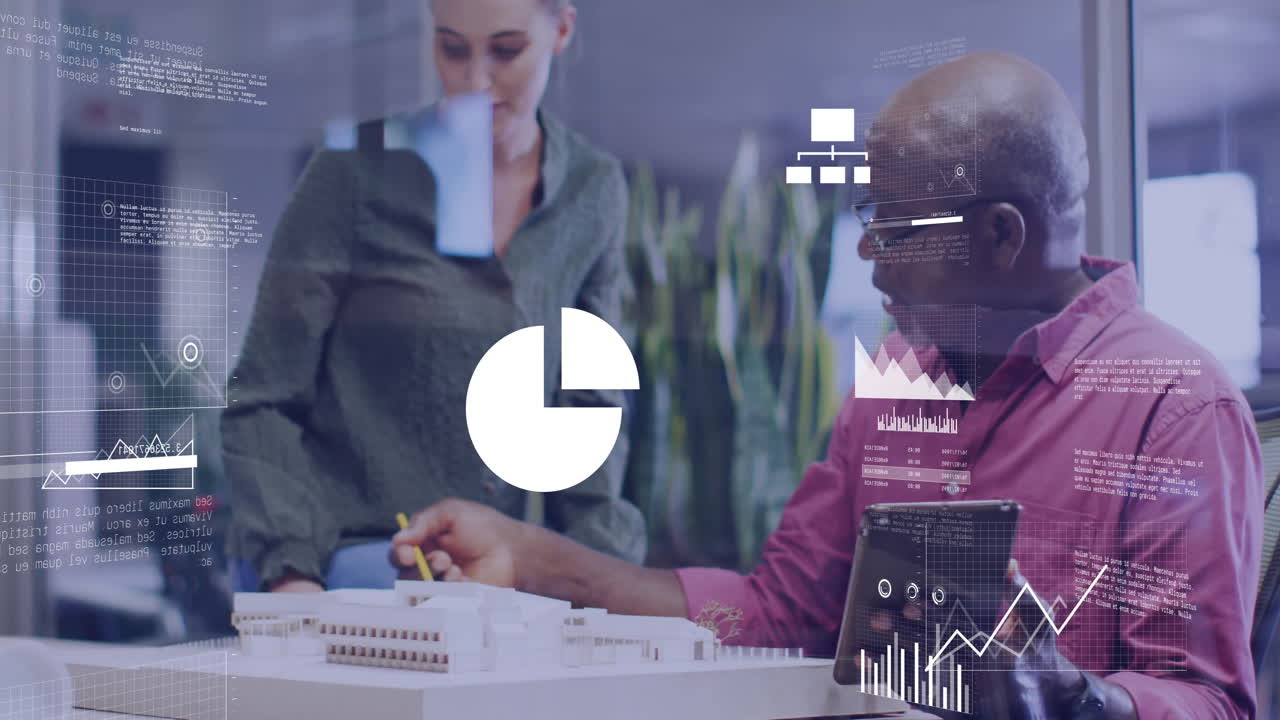 animación del procesamiento de datos financieros sobre diversas personas de negocios en la oficina