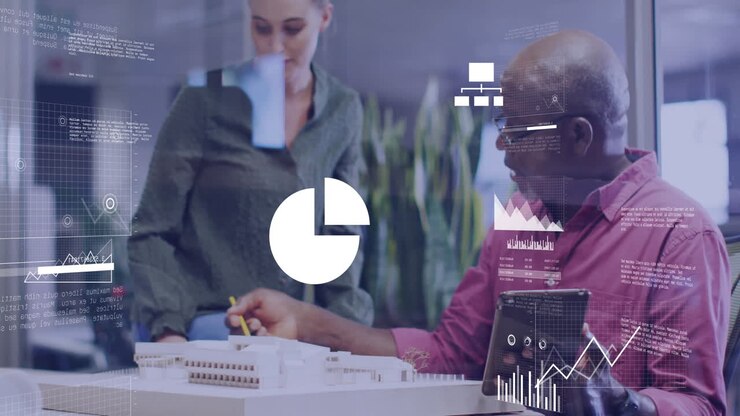 Animation of financial data processing over diverse business people in office