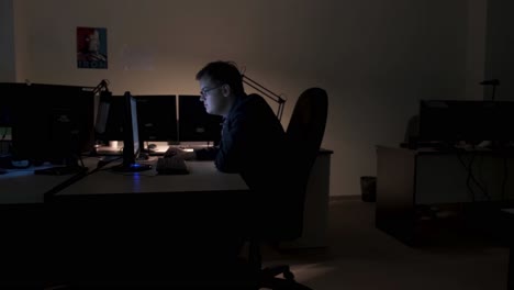 man working late night in office