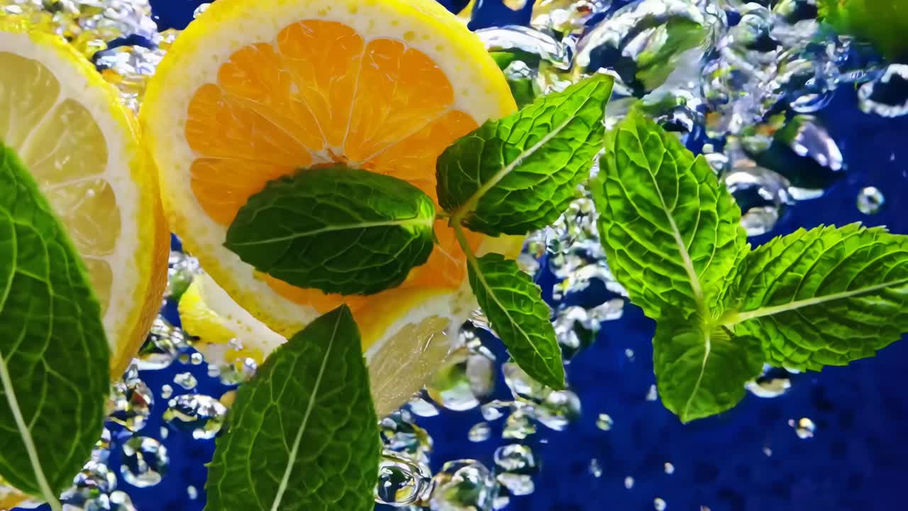 Underwater video shot of lemon slices and mint leaves, captured from a low angle, showcasing vibrant