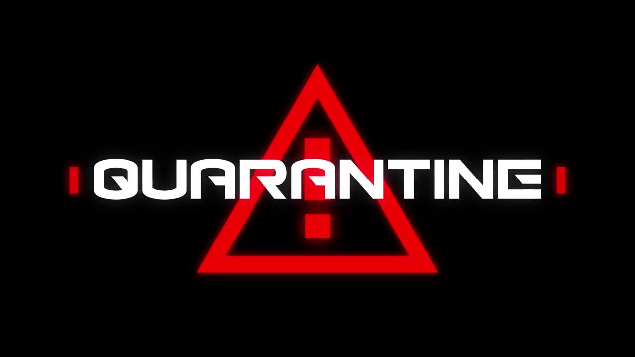 검은 바탕에 있는 삼각형 경고 도로 표지판 위에 쓰여진 격리 단어의 애니메이션