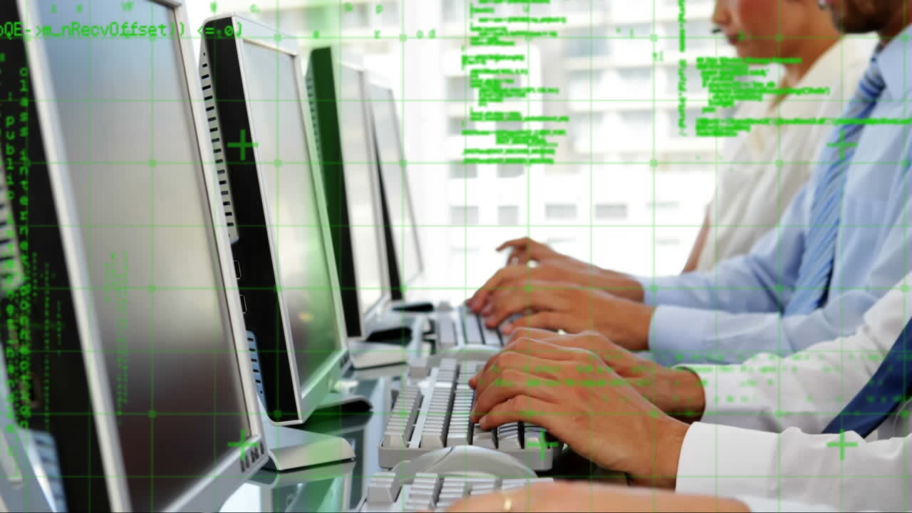 Animation of financial data processing over people wearing phone headsets