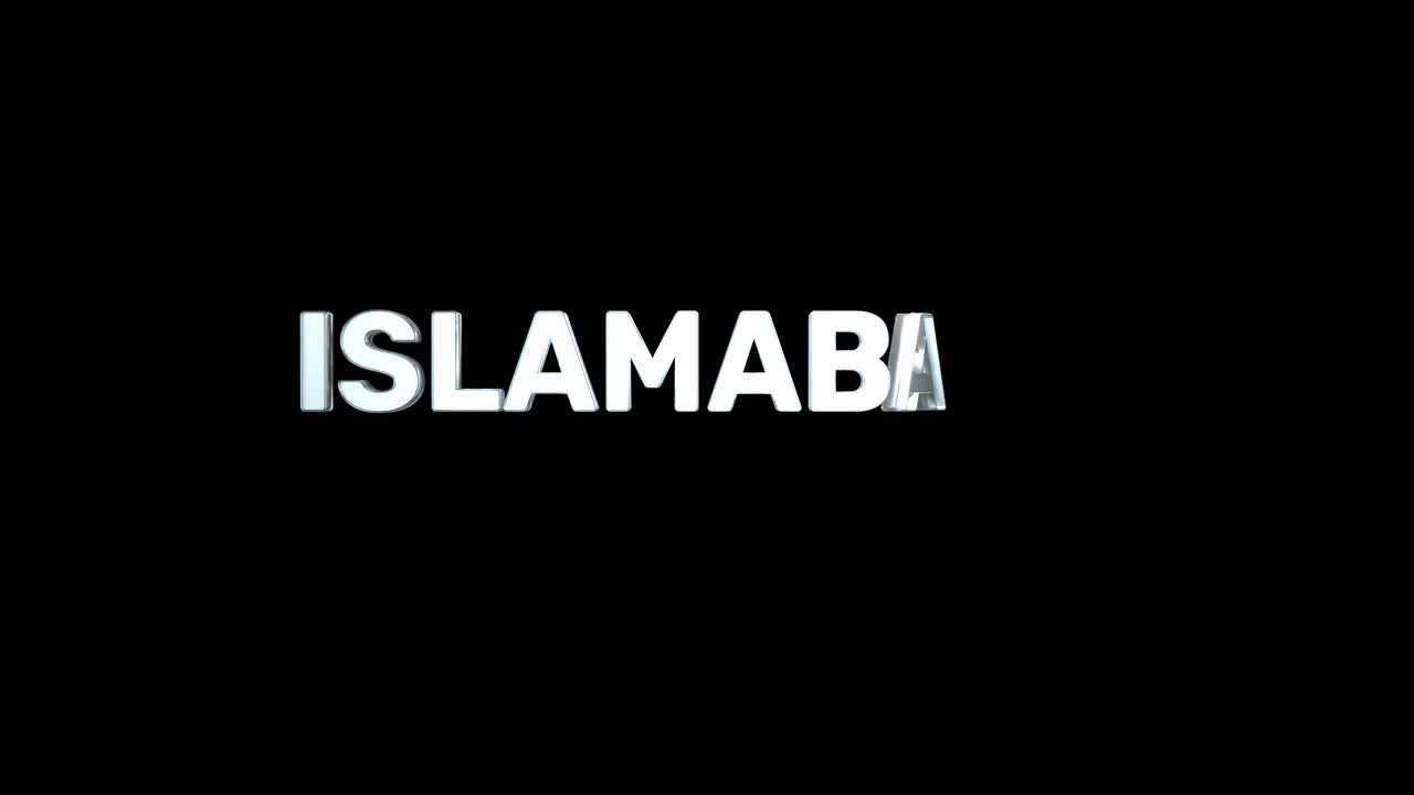A smooth and high quality, silver 3D text reveal of the capital city "ISLAMABAD