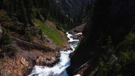 alpine creek flowing through canyon, aerial shot, west kootenays, aerial shot