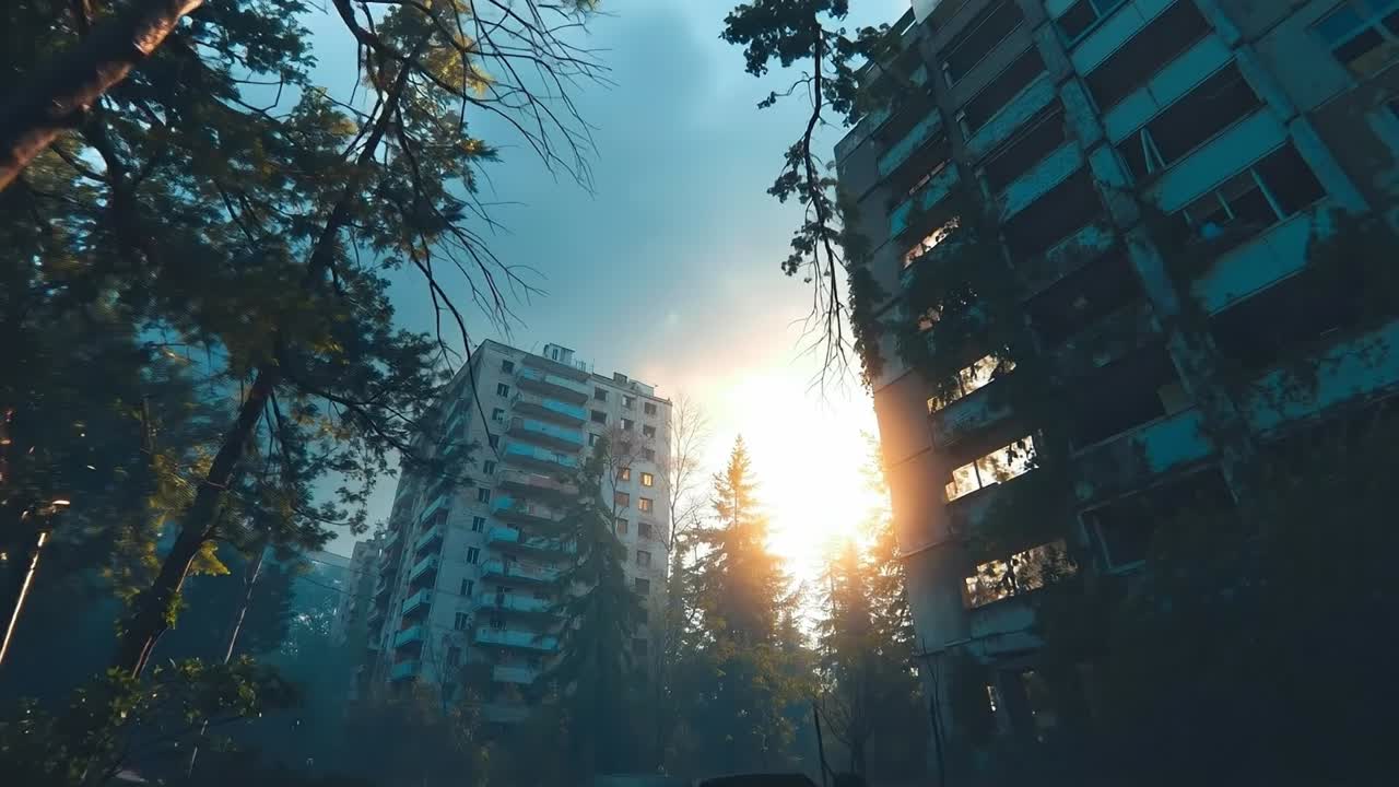 A tall building in the middle of a forest with the sun setting behind it