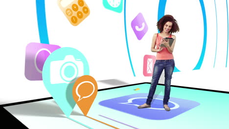niña caminando y usando una tableta con iconos de aplicaciones holográficas