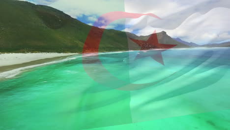 animation of flag of algeria blowing over beach landscape