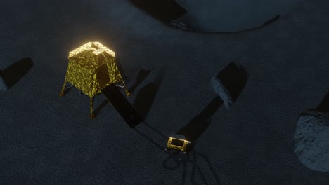 animación en 3d del módulo de aterrizaje chandrayaan y el rover lunar en la luna por la noche