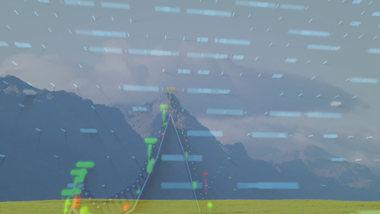 Digital data processing animation overlaying mountain landscape with scenic view