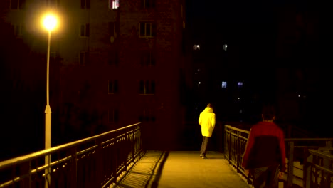 people walking on a night bridge