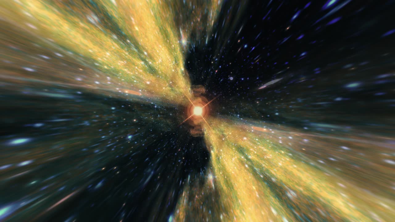 Flying star fields, many particles through hyper space warp orange green blue tunnel with center flare light. 4K 3D Abstract visualizer seamless loop of flying Particles in tunnel.