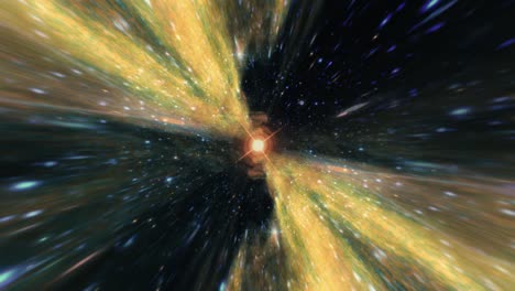 flying star fields, many particles through hyper space warp orange green blue tunnel with center flare light. 4k 3d abstract visualizer seamless loop of flying particles in tunnel.