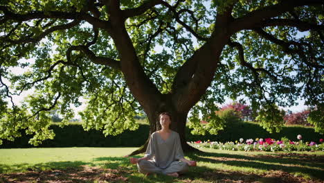 woman meditating under a large oak tree in a park