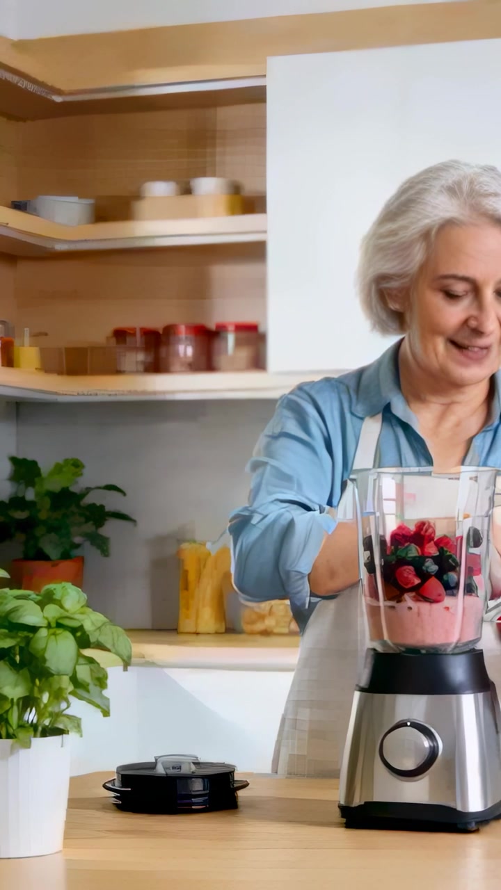 Video verticale: Si vede un frullatore con base rosa, donna con grembiule che aggiunge bacche per una bevanda con erbe in cucina