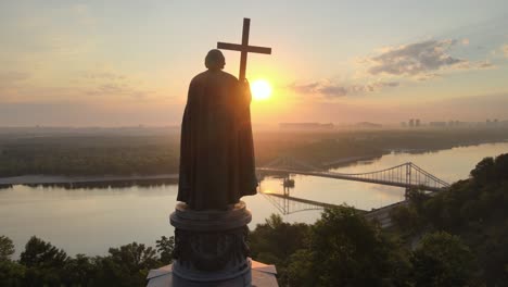 aerial view of kiev, ukraine: monument to vladimir the great at dawn