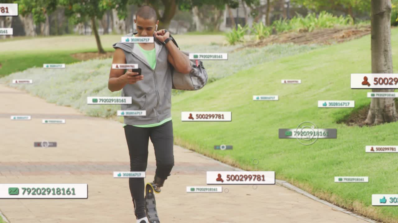 Animation of social network notifications over male athlete with running blade using smartphone