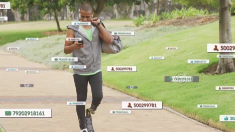 animation of social network notifications over male athlete with running blade using smartphone