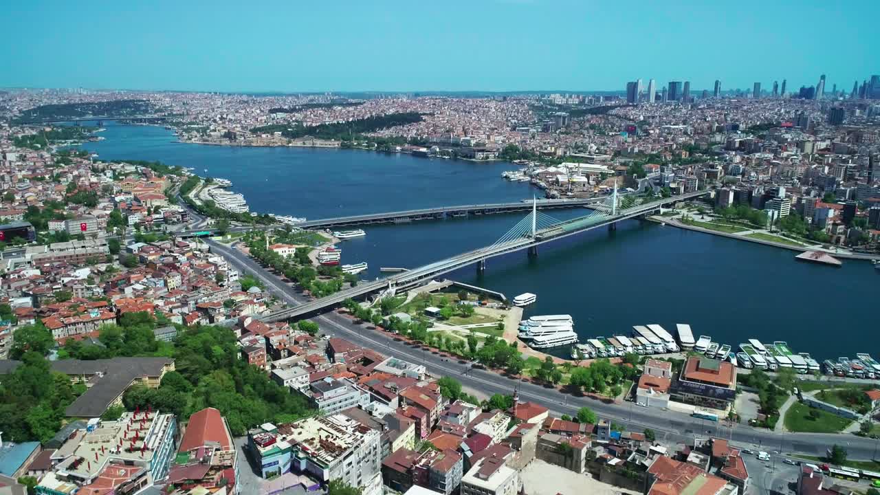 Istanbul, Unkapani subway bridge aerial footage day time